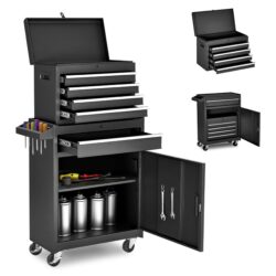 Tool Chest, 5 Drawer Rolling Tool Storage Cabinet With Detachable Top Tool Box, Liner, Universal Lockable Wheels, Adjustable Shelf, Locking Mechanism, Metal Tool Cart For Garage Workshop - Black