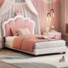 Twin Size Upholstered Princess Bed & Crown Headboard, Platform Bed With Headboard And Footboard - White / Pink - Image 2