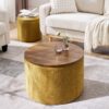 Classic Chenille Storage Ottoman Set With Drum Shaped Stool And Panel - Dark Yellow - Image 4