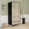 Tall Armoire Wardrobe Closet With 2 Rattan Doors & 1 Drawer, Boho Clothes Storage Cabinet With Hanging Rod For Bedroom - Natural / Black - Image 2