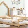 Twin Size Wood Bed With House Shaped Headboard Floor Bed With Fences - Natural - Image 6