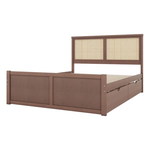 Queen Wood Storage Platform Bed With 4 Drawers Rattan Headboard - Antique Natural