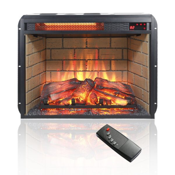 23" Infrared Quartz Heater Fireplace Insert -Woodlog Version With Brick - Antique Black