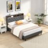 Modern Upholstered King Size Platform Bed Frame With Button Tufted Linen Headboard And USB Ports - Dark Gray - Image 3