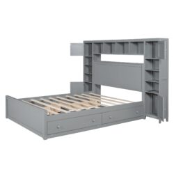 Queen Size Bed With All In One Cabinet, Shelf And Sockets - Gray
