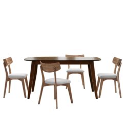 5 Piece Mid Century Dining Set With Walnut Frame, Upholstered Dining Chairs - Light Beige / Walnut