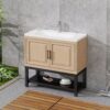Modern Freestanding 36" Bathroom Vanity With Ceramic Sink, Hot And Cold Faucet, Storage Cabinet & Open Iron Shelf - Natural - Image 5
