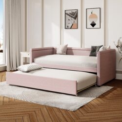Modern Style Twin Size Upholstered Daybed With Trundle For Guest Room, Small Bedroom, Study Room - Pink
