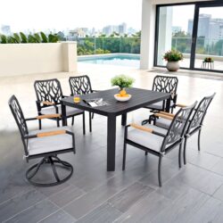 7 Pieces Outdoor Patio Furniture Set, 4 Dining Chairs & 2 Swivel Rockers Sunbrella Fabric, Rectangular Table With Umbrella Hole - Bourbon Brown