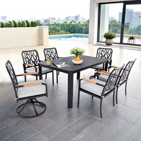 7 Pieces Outdoor Patio Furniture Set, 4 Dining Chairs & 2 Swivel Rockers Sunbrella Fabric, Rectangular Table With Umbrella Hole - Bourbon Brown