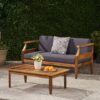 Aston - 2 Piece Wood Outdoor Patio Conversation Seating Set With Gray Cushions - Teak Brown - Image 5