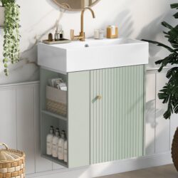 Modern Floating Bathroom Vanity With Ceramic Basin, Perfect For Small Bathrooms, Left Side Storage - Green