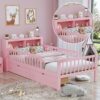 Twin Size Bed With Headboard Storage Rack, 2 Under Bed Drawers, 3 - Side Guardrails For Safety And Security - Pink - Image 5