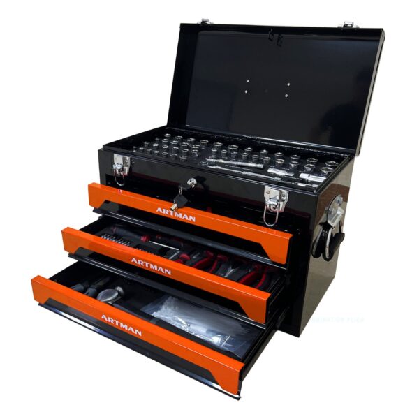 20'' Portable 3 Drawer Steel Toolbox, 4 Layers Of Tools With Metal Latches, With Top Storage Tray And Carrying Handle, Multi Function Tool Storage For Garage, Home, Or Workbench - Black / Orange
