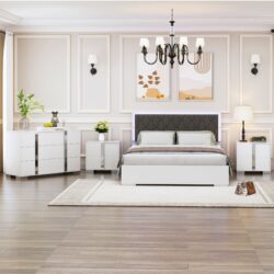 4 Piece Bedroom Sets Queen Size Upholstered Bed With LED Lights, Mirrored Nightstands And Dresser With Metal Handles And Legs - White