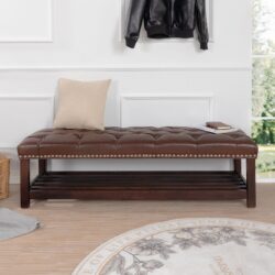 Bedroom End Of Bed Bench Tufted Upholstered End Of Bed Bench End Of Bed Entrance Shoe Bench, 60" With Nailhead Trim And Shelf Bedroom Upholstered Leather Bench Living Room Shoe Rack Footstool - Dark Brown