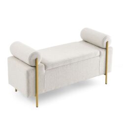 Elegant Upholstered Linen Storage Bench With Cylindrical Arms And Iron Legs - Beige