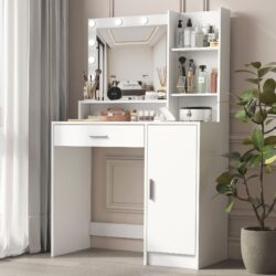 Vanity Desk With Mirror & Light, Large Drawer Three Level Storage Dresser, 3 Lighting Modes Adjustable Brightness, Bedroom Dressing Table - White