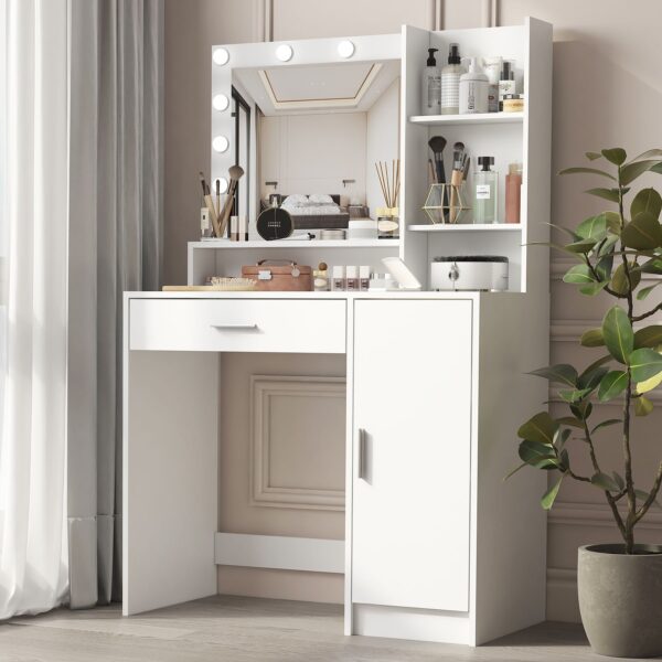 Vanity Desk With Mirror & Light, Large Drawer Three Level Storage Dresser, 3 Lighting Modes Adjustable Brightness, Bedroom Dressing Table - White