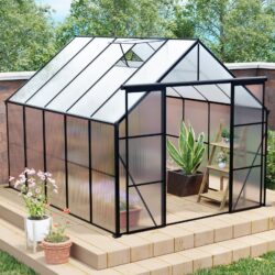 Double Door Polycarbonate Greenhouse Raised Base And Anchor Aluminum Heavy Duty Walk In Greenhouses For Outdoor, Backyard In All Season - Black