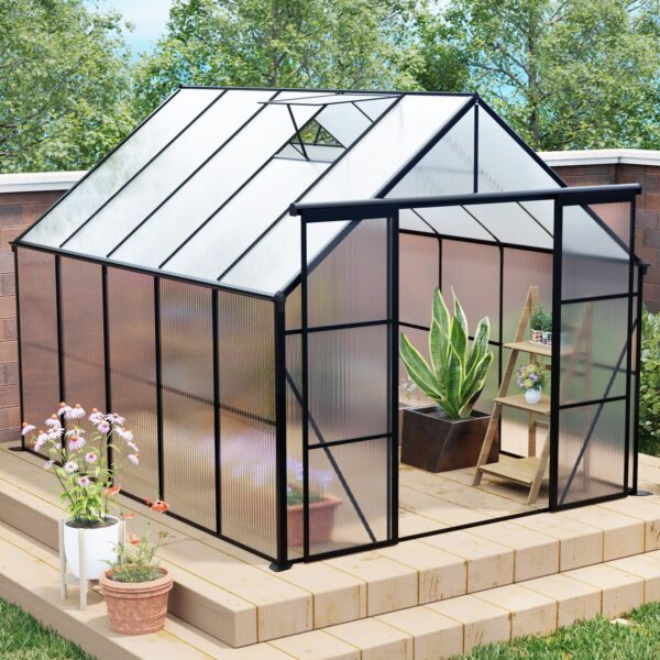 Double Door Polycarbonate Greenhouse Raised Base And Anchor Aluminum Heavy Duty Walk In Greenhouses For Outdoor, Backyard In All Season - Black