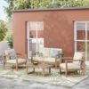 4 Pieces Acacia Wood Patio Furniture Set, Outdoor Furniture With Coffee Table, Patio Conversation Set Deep Seating With Soft Cushion, Porch Chairs For Backyard Porch Balcony - Brown Wash / Beige - Image 5