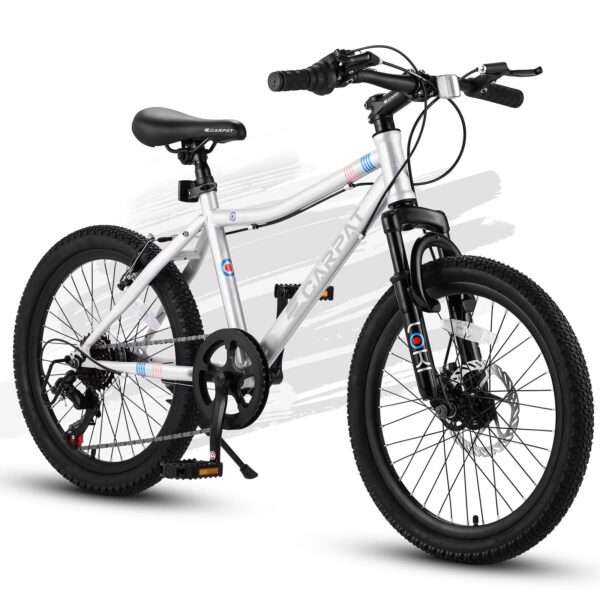 S20101 20" Kids' Bike, Boys Girls Mountain Bike Ages 8-12, 7 Speed Teenager Children Kids' Bicycles, Front Suspension Disc Brake Rear V-Brake, High Steel Frame - White