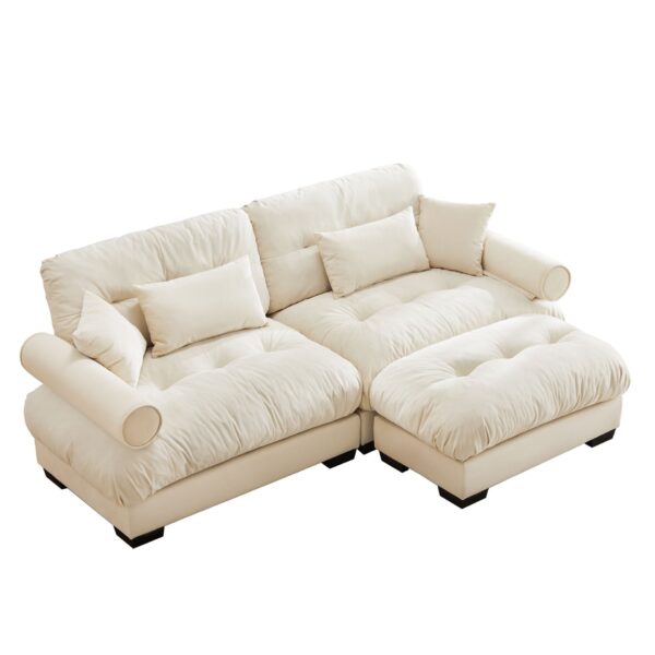 Modern Oversized 2 Seater Sofa With Ottoman And Bolster Armrests - Cream