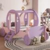 Twin Size Princess Carriage Bed With Crown, Platform Car Bed With Stair - Purple / Pink - Image 15