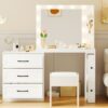 Vanity Desk With Freely Adjustable Side Cabinet, Makeup Vanity With Hollywood Lights, 5 Storage Drawers & 2-Shelves, Modern Dressing Table - White - Image 11