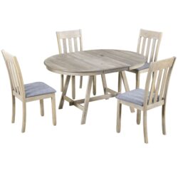 5 Piece Dining Table Set Round Extendable With Chairs - Natural Wood Wash
