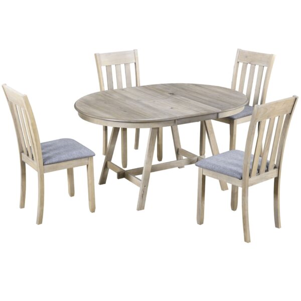 5 Piece Dining Table Set Round Extendable With Chairs - Natural Wood Wash
