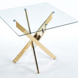 Dining Table With Cross Metal Leg And Tempered Glass, Modern Space Saving Kitchen Table For Living Room, Chrome Legs, Square Table - Golden
