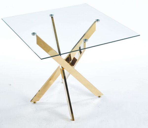 Dining Table With Cross Metal Leg And Tempered Glass, Modern Space Saving Kitchen Table For Living Room, Chrome Legs, Square Table - Golden
