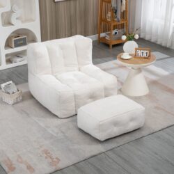 Fluffy Bean Bag Chair, Comfortable Bean Bag For Adults And Children, Super Soft Lazy Sofa Chair With Memory Foam And Ottoman, Indoor Modern Focus Bean Bag Chair For Living Room, Bedroom, Apartment - White