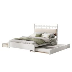 Queen Size Storage Platform Bed With 2 Big Drawers Twin Size Trundle - White