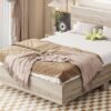 Queen Size Floating Platform Bed, With LED Lights, Bedside Nightstand - Natural - Image 11