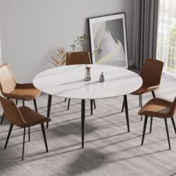 59.05" Modern Man-Made Stone Round Metal Dining Table-Position For 6 People - White / Black