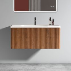 Etna - Striped Walnut Bathroom Vanity With Ceramic Sink, Wall Mounted Floating Bathroom Vanity For Modern Bathroom - Walnut / White