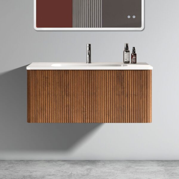 Etna - Striped Walnut Bathroom Vanity With Ceramic Sink, Wall Mounted Floating Bathroom Vanity For Modern Bathroom - Walnut / White