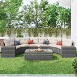 8 Pieces Outdoor Wicker Round Sofa Set, Half-Moon Sectional Sets All Weather, Curved Sofa Set With Rectangular Coffee Table, PE Rattan Water-Resistant And UV Protected, Movable Cushion - Beige