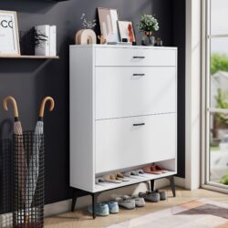 Shoe Cabinet, Shoe Storage Shelves, Metal Leg - White