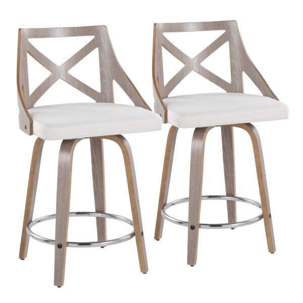 Charlotte - Farmhouse Fixed Height Counter Stool & Swivel With Round Footrest (Set of 2) - Light Gray / Cream