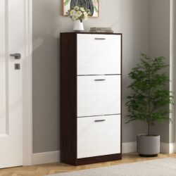 Modern Freestanding Shoe Storage Cabinet With 3 Flip Drawers - White / Walnut