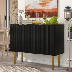 Modern Simple & Luxury Style Sideboard Particle Board & Board Cabinet With Gold Metal Legs & Handles, Adjustable Shelves For Living Room, Dining Room - Black