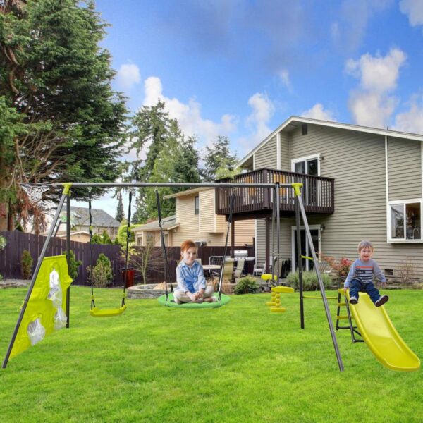 Xns052 Interesting Six Function Swingset With Net Swing Metal Plastic Safe Swing Set 440Lbs For Outdoor Playground For Age 3+ With 31.5" Net Swing - Green / Blue