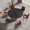 59.05" Modern Artificial Stone Round Carbon Steel Base Dining Table, Can Accommodate 6 People - Black / White - Image 2