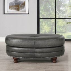 Belfast-Top Grain Leather Oval Ottoman - Gray