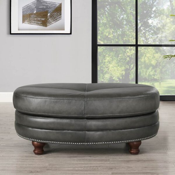 Belfast-Top Grain Leather Oval Ottoman - Gray