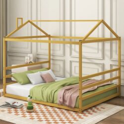 Queen Metal House Shape Platform Bed - Gold